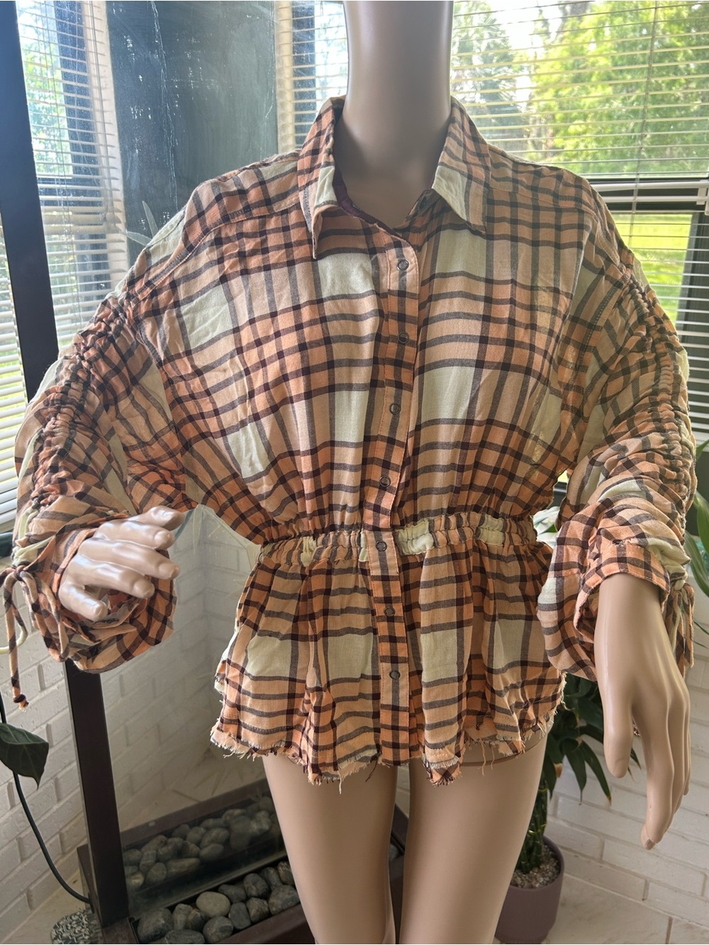 Free People Peach Cream Plaid Button-Front Peplum Blouse. NWT Small